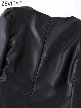 Zevity Nove Ženske Mode Križ V Vratu Čipke PU Usnje Črna Mini Obleka Urad Dama Dolg Rokav Nazaj Zadrgo Vestidos DS2579